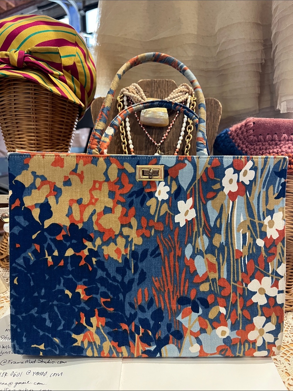 Floral Canvas Top-Handle Tote in Navy & Rust
